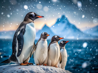 Fototapeta premium Adorable family of penguins snuggle together on a frozen cliff, gazing out at the endless Antarctic ocean, surrounded by softly falling snowflakes in winter's chill.