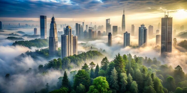 Blended urban landscape with misty forest, featuring skyscrapers emerging from foggy trees, showcasing harmony between modernity and nature's majesty in a surreal atmosphere.