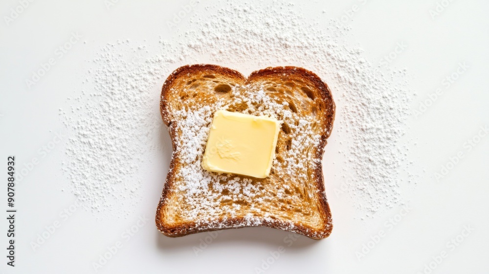 Poster Top view of honey toast with a scoop of butter and a dusting of powdered sugar, set against a white background.
