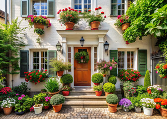 Fototapeta premium A beautiful white house adorned with various potted plants in front, adding a touch of nature to the buildings facade