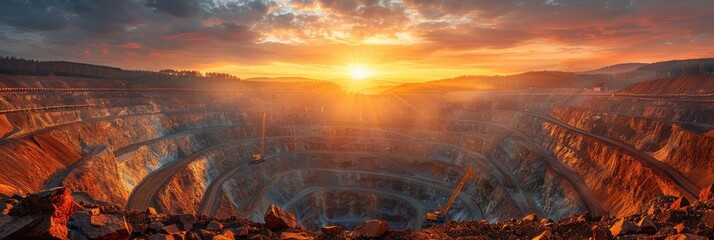 Panoramic view of a vast open-pit mine at sunset, with dramatic lighting and vivid colors highlighting the expansive excavated terrain.
