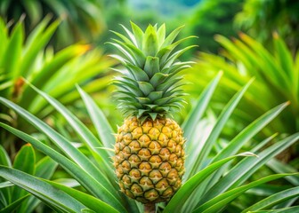 Obraz premium Ripened pineapple growing on lush green leaves amidst a vibrant tropical plantation, symbolizing healthy and organic food cultivation in a serene natural environment.