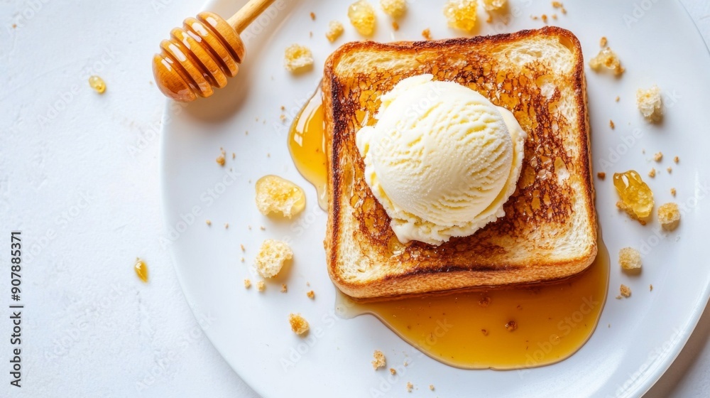 Poster Top view of honey toast with a scoop of vanilla ice cream and a drizzle of honey on a white background.