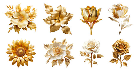 Set of decorative golden flowers. Ornamental luxury bloom embellishment.