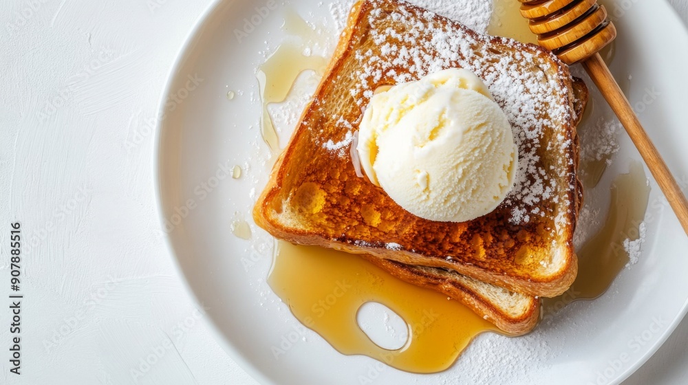 Poster Top view of honey toast with a scoop of vanilla ice cream and a drizzle of honey on a white background.