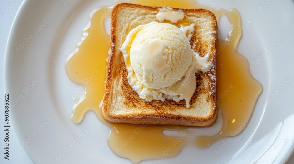 Poster Top view of honey toast with a scoop of vanilla ice cream and a drizzle of honey on a white background.