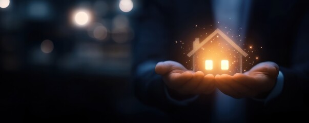 Fototapeta premium Hands gently holding a glowing house model, symbolizing home security and warmth in a dark, blurred background representing comfort and care. 