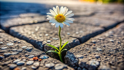 Resilient daisy blooms vibrantly from a crack in worn asphalt, symbolizing hope and perseverance in the face of adversity, against all odds, in urban landscape.