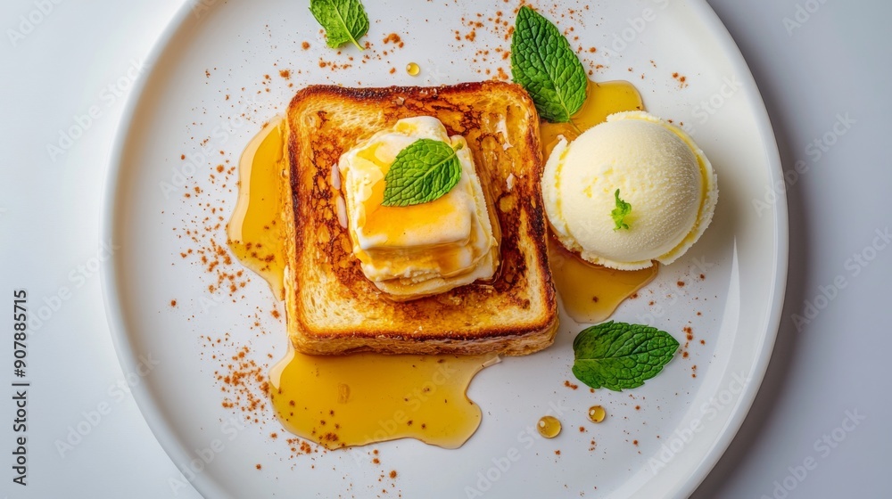 Poster top view of honey toast with a side of vanilla ice cream and fresh mint leaves, set against a white 