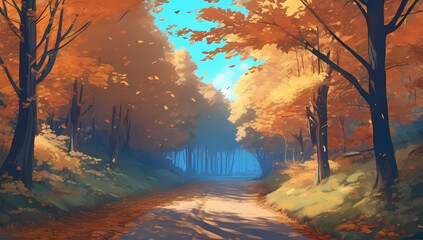 anime cartoon forest road fall autumn changing leaves foliage orange background wallpaper room for copy