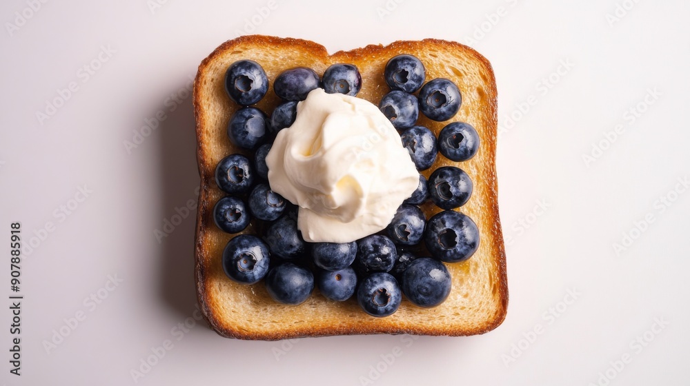 Poster top view of honey toast with blueberries and a dollop of whipped cream, set against a white backgrou