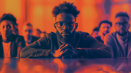 A man with glasses and a beard is sitting at a table with other people. The man is looking down and he is in a contemplative mood