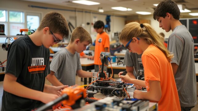 Kids working on a robot project in a classroom.