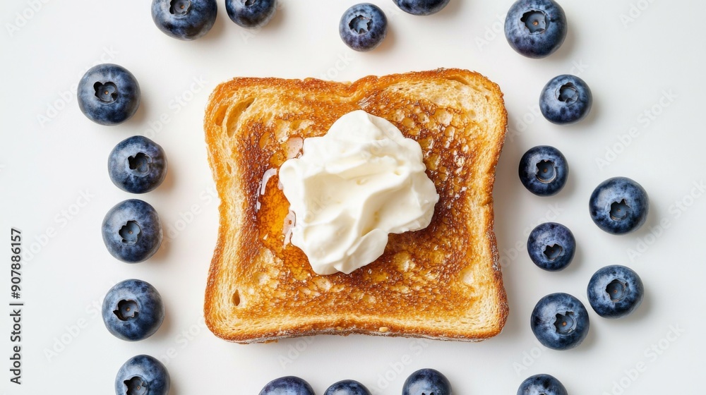 Poster top view of honey toast with blueberries and a dollop of whipped cream, set against a white backgrou