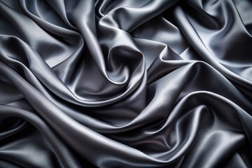 Obraz premium Luxurious dark gray satin fabric texture with soft, blurred waves and intricate patterns, creating a sophisticated, abstract background with a silky, shimmering appearance.