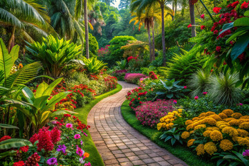 Vibrant flowers and lush greenery surround a serpentine pathway that winds through a stunning tropical garden, exuding tranquility and natural beauty.