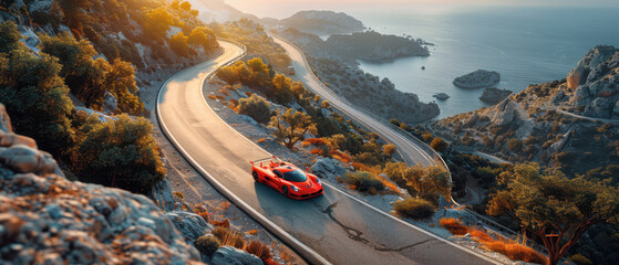 Red sports car on winding road, scenic coastal background. Adventure concept