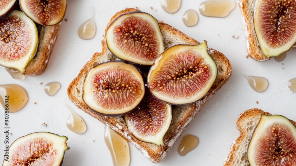 Poster top view of honey toast with fresh figs and a drizzle of honey, set against a white background.