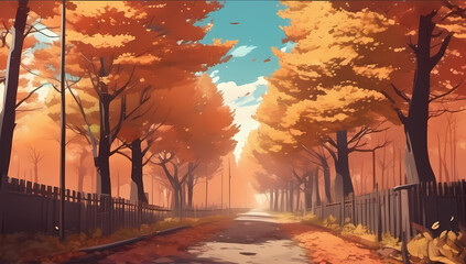 anime cartoon forest road fall autumn changing leaves foliage orange background wallpaper room for copy
