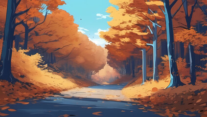 anime cartoon forest road fall autumn changing leaves foliage orange background wallpaper room for copy