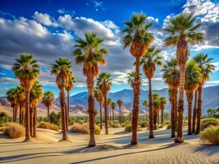 Fototapeta premium Tall palm trees stand majestically in the desert landscape, surrounded by vast sandy dunes, at the serene Thousand Palms Oasis in California's Coachella Valley.