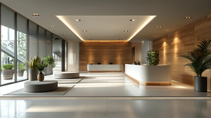 Fototapeta premium Spacious office lobby with modern design, wooden and glass elements, plants, welcoming atmosphere