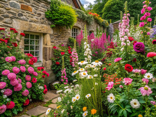 Naklejka premium Vibrant blooms of roses, daisies, and foxgloves spill from rustic stone walls and overflowing planters in a serene, picturesque English cottage garden oasis.