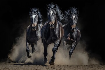Three Black Horses Galloping Through Dust Against a Dark Background