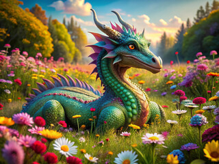 Obraz premium A serene dragon lies tranquilly in a vibrant meadow, surrounded by a kaleidoscope of blooming flowers, epitomizing harmony with nature's splendor.