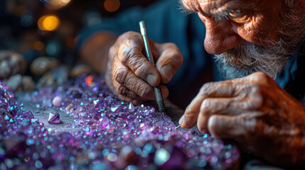 Elderly man working on purple gemstones, detailed, blurred background. Craftsmanship