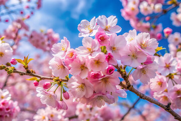 Naklejka premium Soft pink petals of delicate sakura blossoms unfurl against a serene blue sky, capturing the serene beauty of Japan's iconic cherry blossom trees in full bloom.
