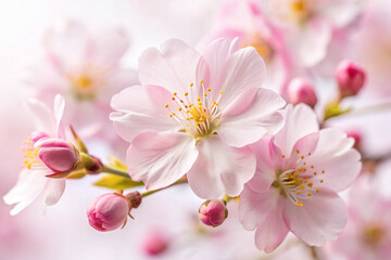 Obraz premium Delicate pink cherry blossom flower blooms against a pure white backdrop, its soft petals unfolding gently, exuding serenity and sweetness in a tranquil atmosphere.