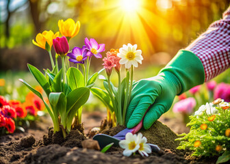 Vibrant spring flowers bloom in a lush green garden, symbolizing renewal and empowerment, as a gentle gloved hand plants a seedling, celebrating the season's awakening.