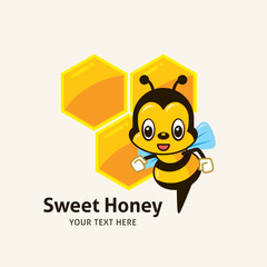 Flying happy bee cartoon. Honeycombs background vector illustration for label or logo design.