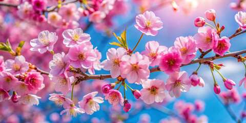Fototapeta premium Vibrant pink cherry blossoms burst into bloom against a soft blue sky, creating a stunning, whimsical display ofSpring's arrival in a serene natural setting.