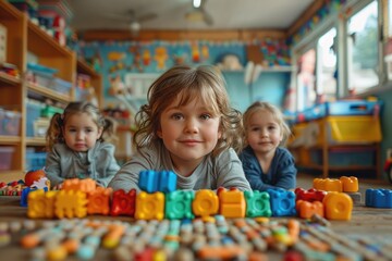 Happy children playing with colorful building blocks in a vibrant preschool classroom, learning and having fun together.