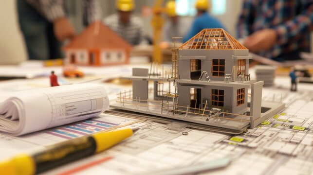Generate a photo realistic image of a construction project team in a process of approving budgets with detailed financial charts and budgeting reports; ensure the image is of high resolution