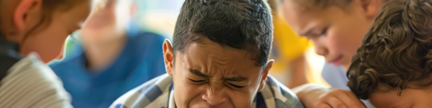 Students rush to console their classmate who is crying on the classroom floor