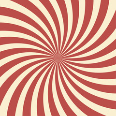 Circus background of spiral red beige rays vector illustration. Vintage radial swirl pattern with sunbeams or starburst strip. Circus, carnival, summer fair or chapiteau backdrop.