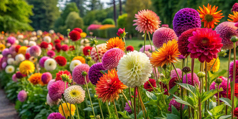 Vibrant dahlias in a straight row stand tall in a well-manicured garden, displaying a diverse range of colors, sizes, and shapes in perfect harmony.