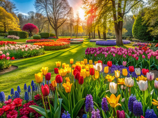 Vibrant spring garden boasting lush green lawn, bursting with colorful blooms of tulips, daffodils, hyacinths, and more, in a stunning mix of floral hues.