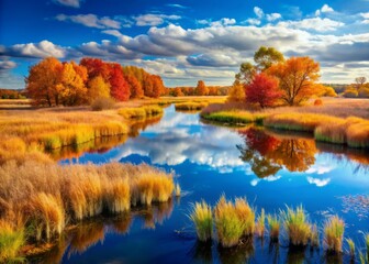 Obraz premium Vibrant autumn foliage surrounds serene prairie marshes, reflecting the brilliant hues of changing leaves under a vast, crystal-clear blue sky with few wispy clouds.