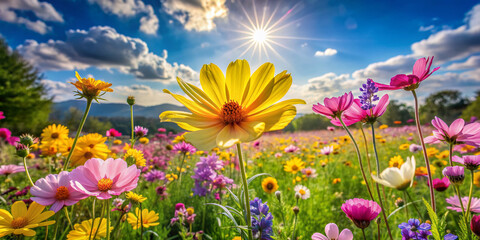 Vibrant blooms of yellow, pink, and purple flowers sway gently in the breeze, filling a lush green meadow with warmth and beauty on a sunny spring day.