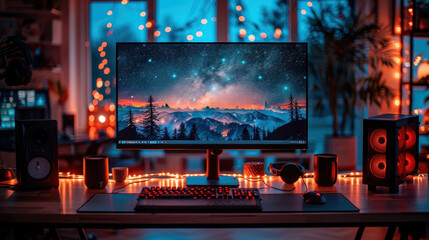 Computer setup with scenic wallpaper, colorful lighting, modern workspace, cozy ambiance, tech concept