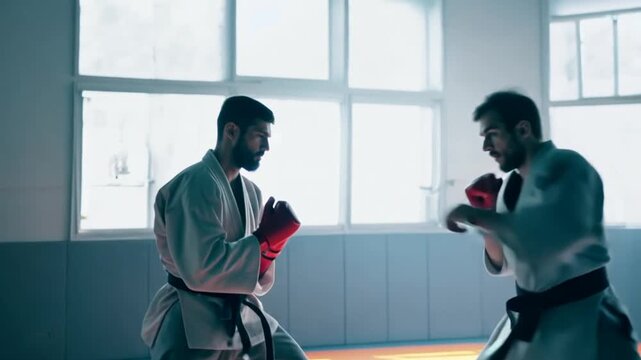 Slow Motion Aikido Fight Between Two Practitioners in Dojo Generative AI