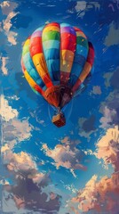 Fototapeta premium A vibrant digital painting showcases a colorful hot air balloon against a blue sky with various clouds, evoking a sense of joy and freedom through traditional painting style.
