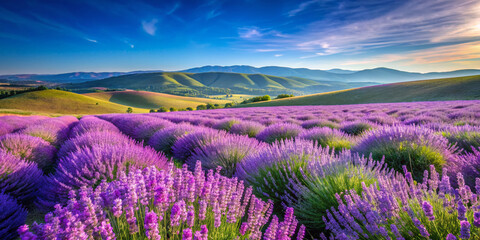 Serene landscape of vibrant purple lavender flowers swaying gently in the breeze, surrounded by rolling hills and clear blue sky on a sunny day.
