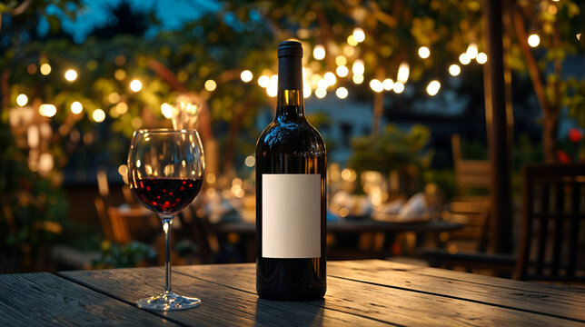 Red wine bottle with blank label at night outside festival, mockup