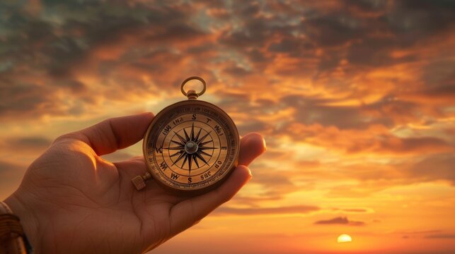 Hand holding golden compass against a sunset sky with orange clouds. Compass points in six directions - N, E, W, S. Simplistic design with focus on circular shape.