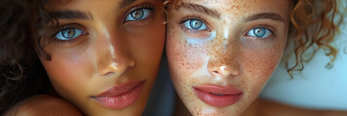 Close-up portrait of two women with striking blue eyes and freckles, showcasing diversity and natural beauty.